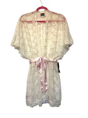 Seductivewear By Cinema White Lace Robe With Pink Satin Tie Belt Large